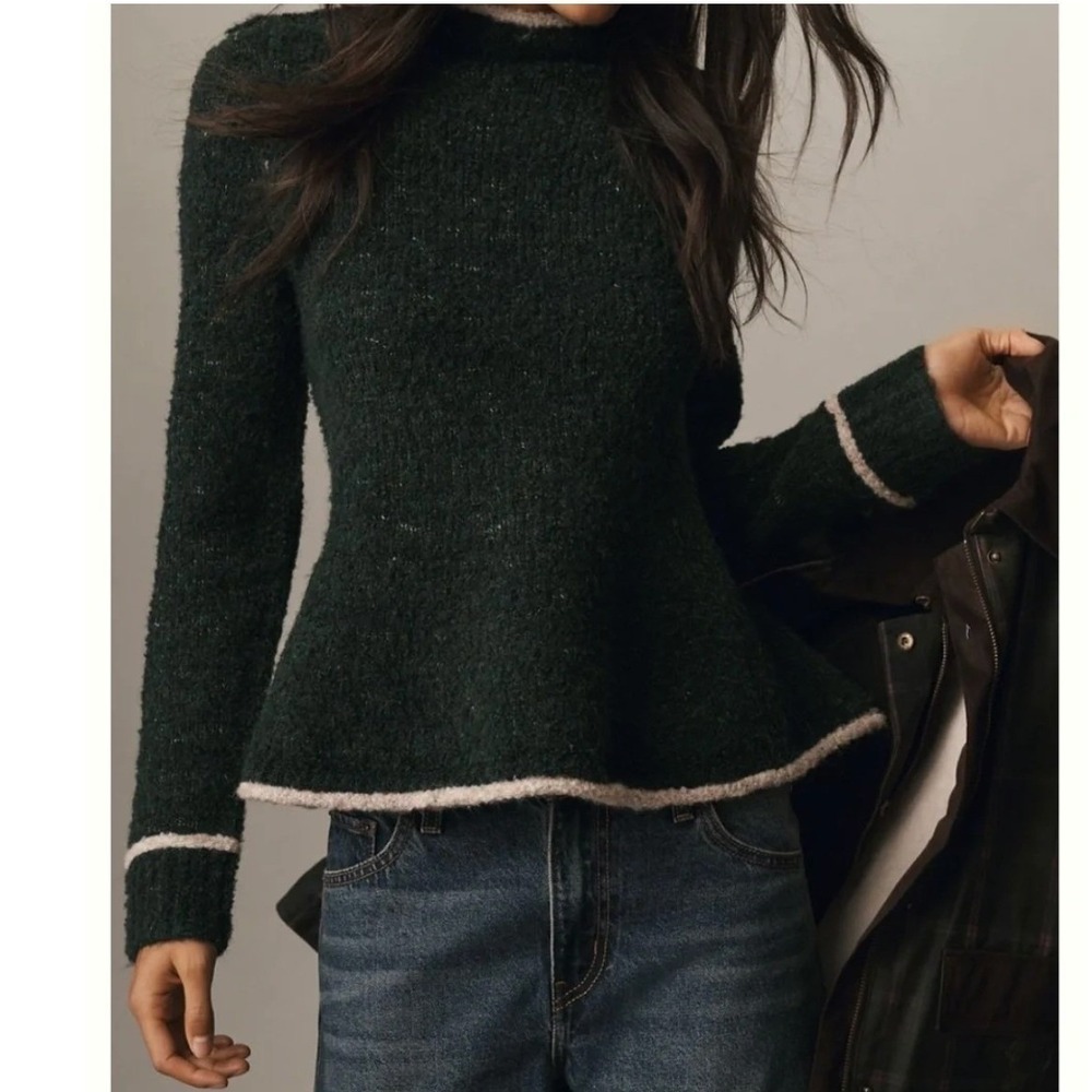 Pilcro Anthropologie Dark Green Textured Roll Neck Peplum Sweater NWT-  XS